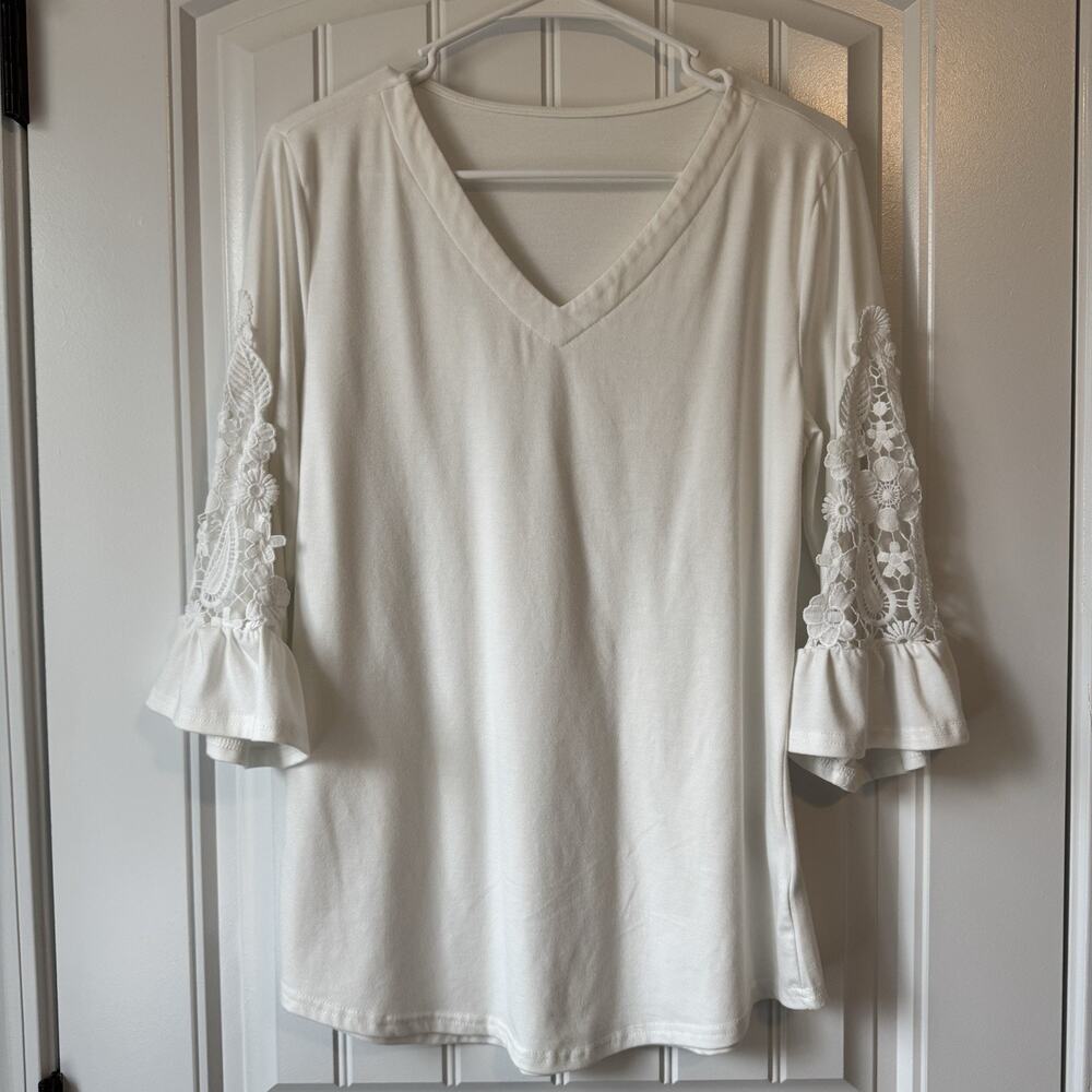 Ivory Cottagecore Boho Crochet Lace Bell Sleeve Top Women M